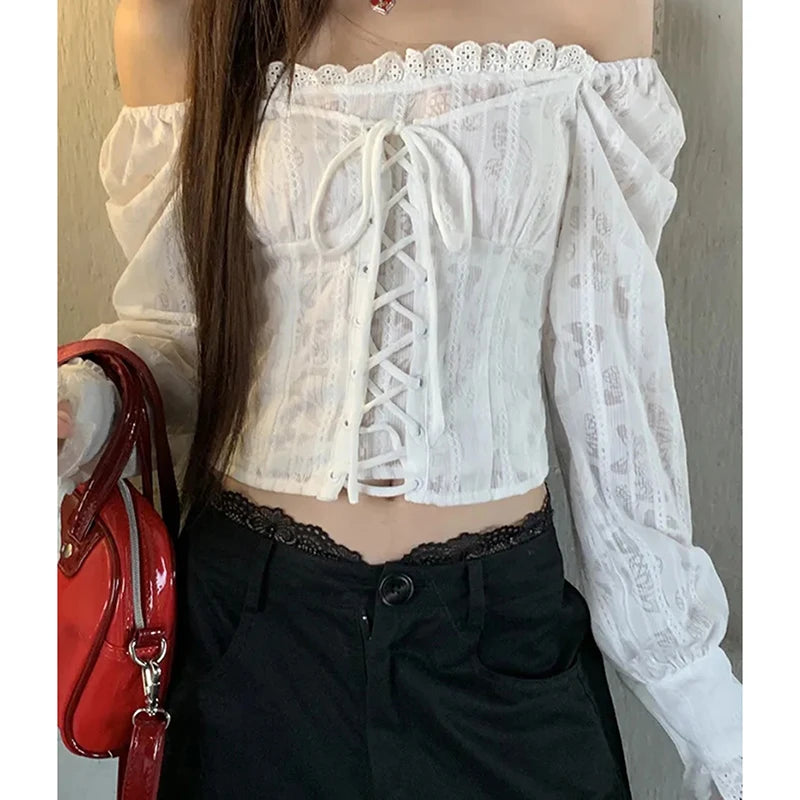Off-Shoulder White Blouse – Lace Tie Closure