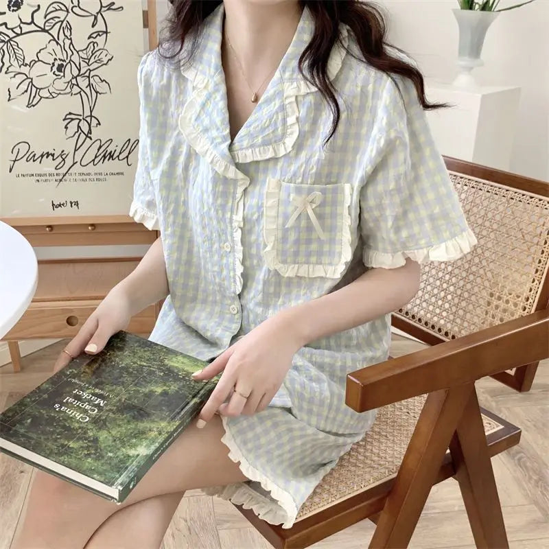 Plaid Summer Pajama Set – Short Sleeve Top & Shorts, Casual Homewear