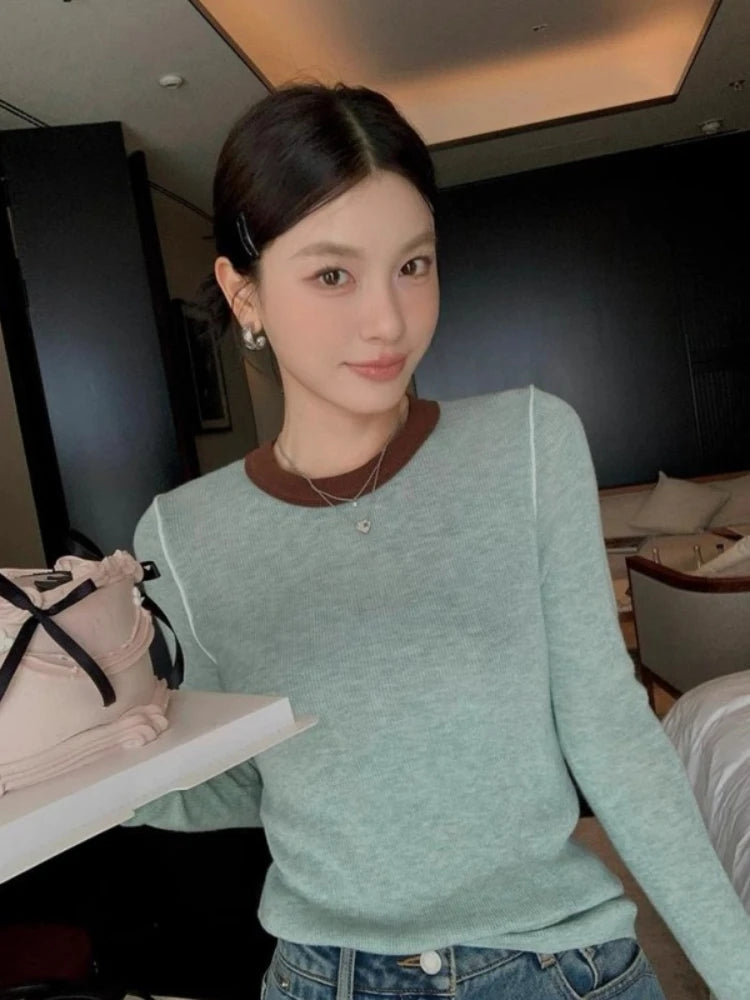 Retro Colorblock Knit Sweater – Slim Fit Long Sleeve Top