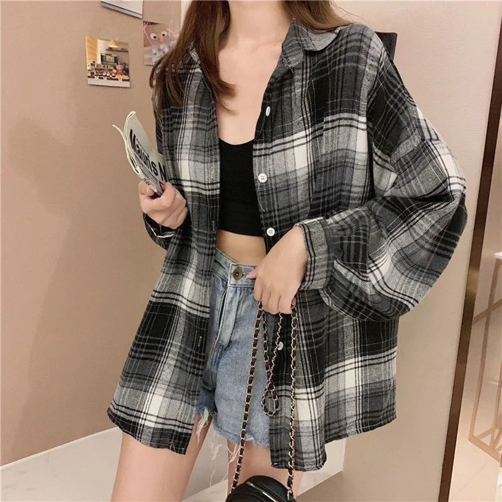 Vintage Plaid Check Shirt – Single Breasted Loose Fit
