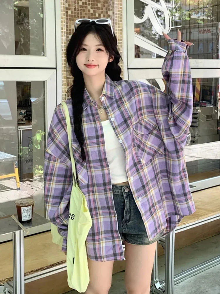 Retro Purple Plaid Oversize Blouse – Loose Street Style