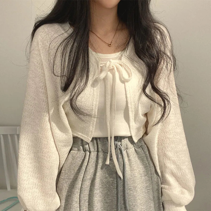 White Lace-Up Knit Cardigan – Lightweight Sun Cover