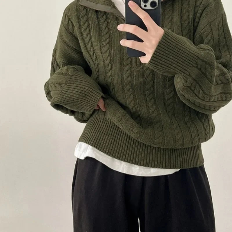 Half Zipper Sweater – Loose Casual Knit Pullover
