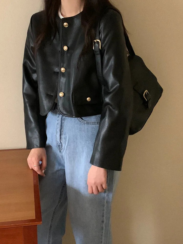 Black Leather Jacket – Vintage O Neck Street Style