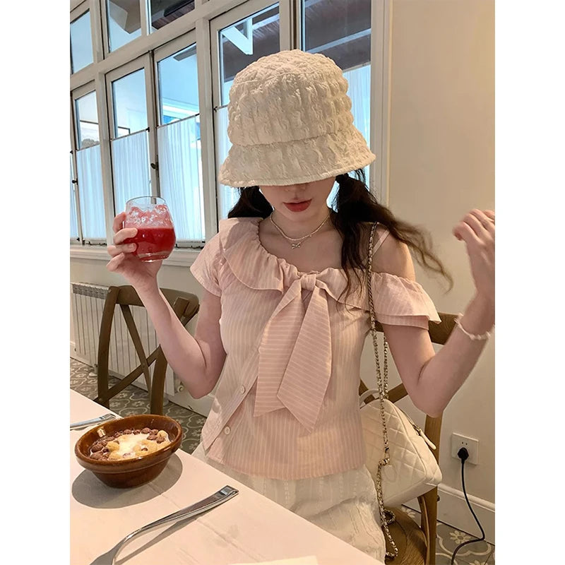 Sweet Pink Striped Shirt – Cropped Bow Blouse
