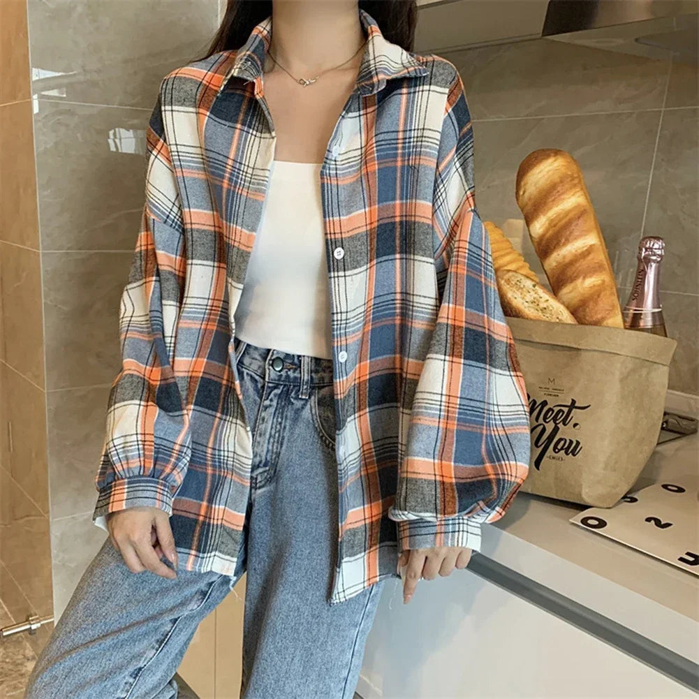 Vintage Plaid Check Shirt – Single Breasted Loose Fit