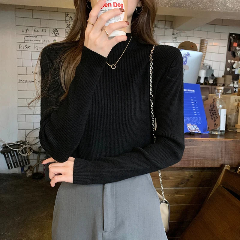 Puff Sleeve Knit Sweater – Half-High Collar, Loose Fit