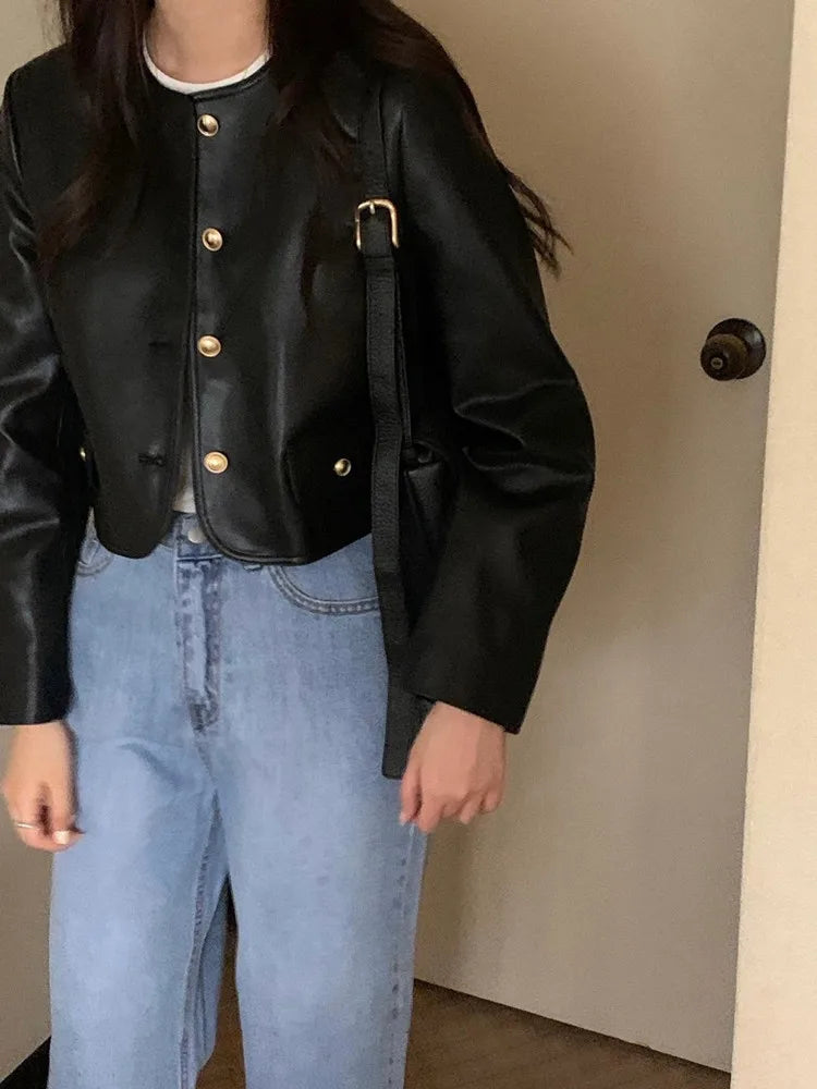 Black Leather Jacket – Vintage O Neck Street Style