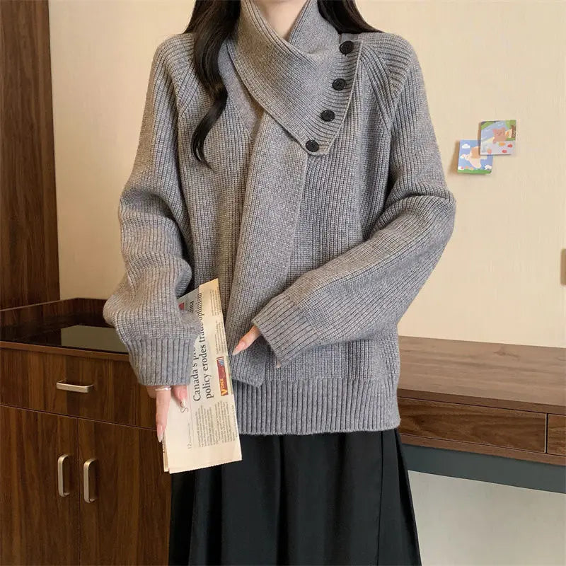 Removable Scarf Knit Sweater – Solid Color, Loose Fit