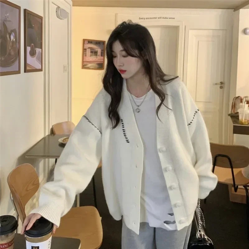 Solid Knit Cardigan – Button V-Neck Jumper