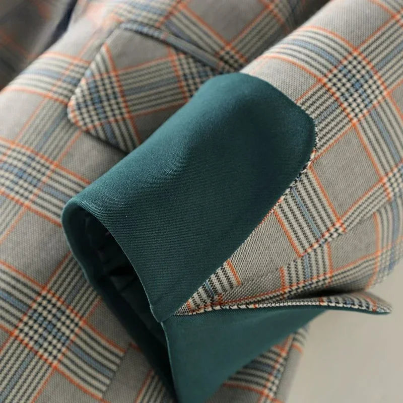Vintage Plaid Suit – Single-Breasted Long Blazer