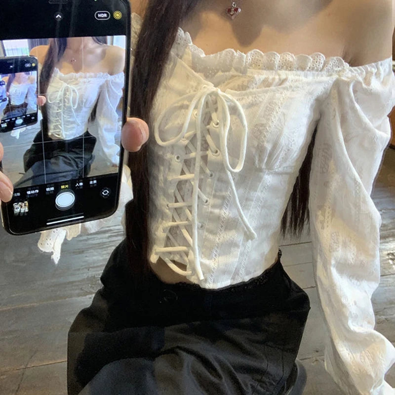 Off-Shoulder White Blouse – Lace Tie Closure