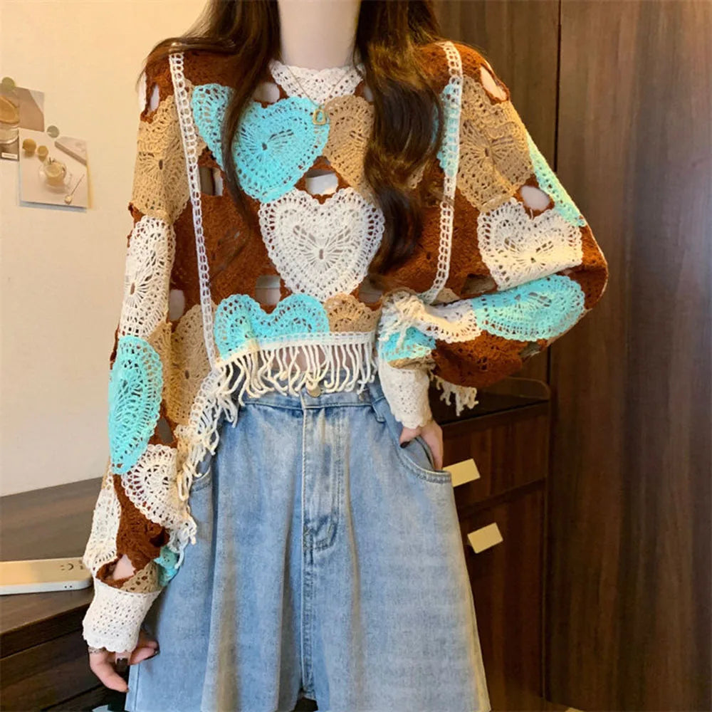 Vintage Hollow-Out Sweater – O-Neck Tassel Long Sleeve Knit Top
