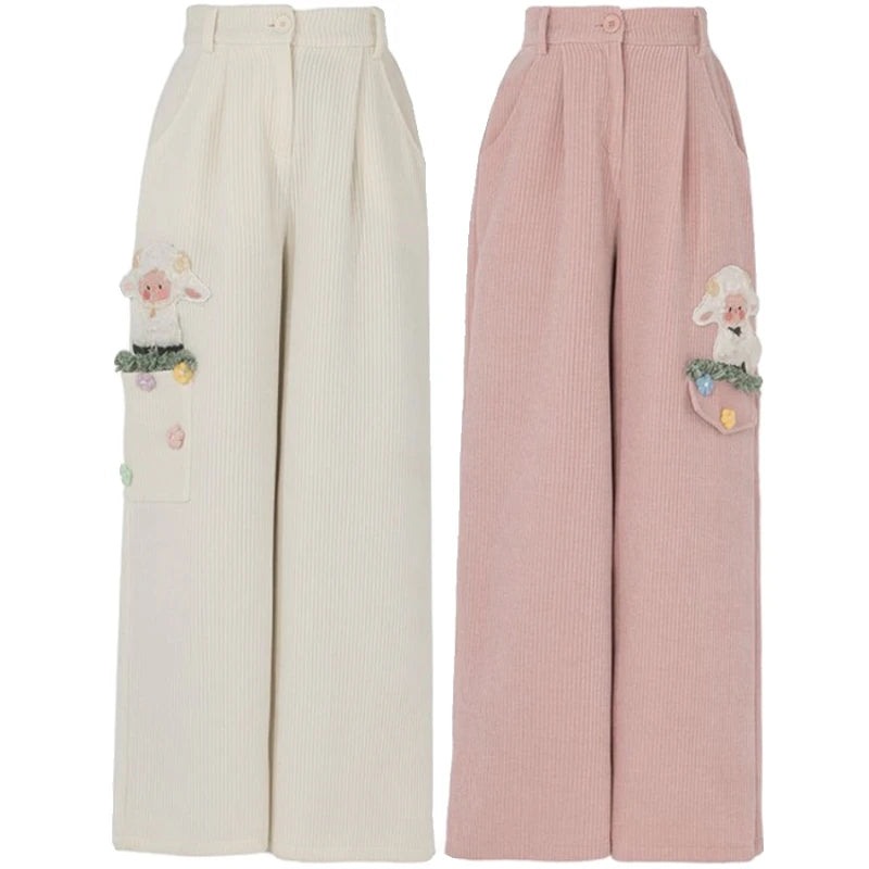 Pink Corduroy Pants – Wide Leg Trousers with Flower Embroidery