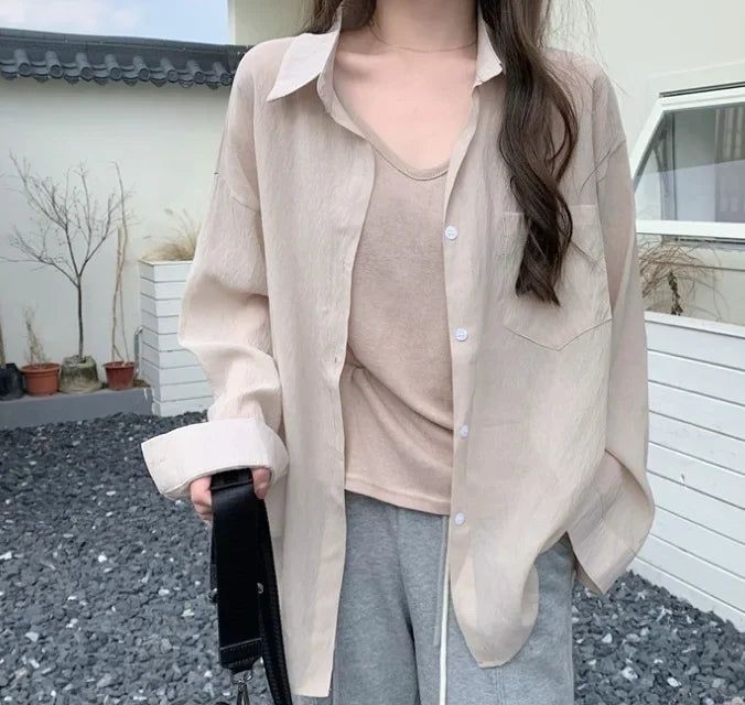 Sheer Knit Blouse – See-Through Loose V-Neck Top