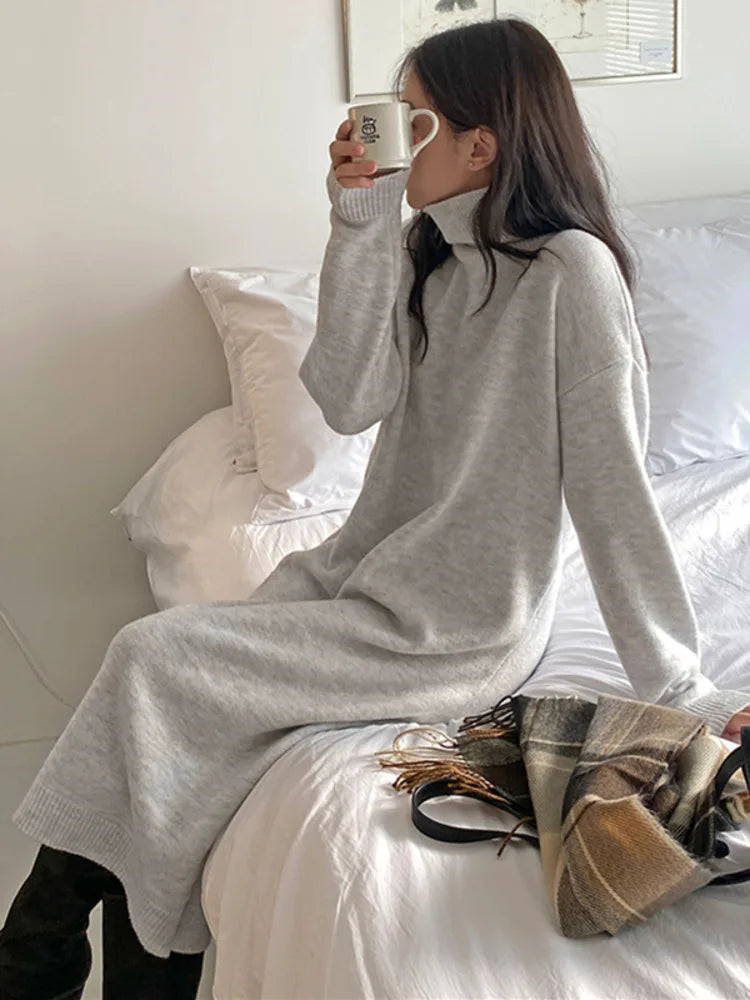 Turtleneck Sweater Dress – Loose Casual Knit Dress