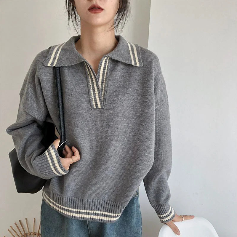 College-Style V-Neck Knit Sweater