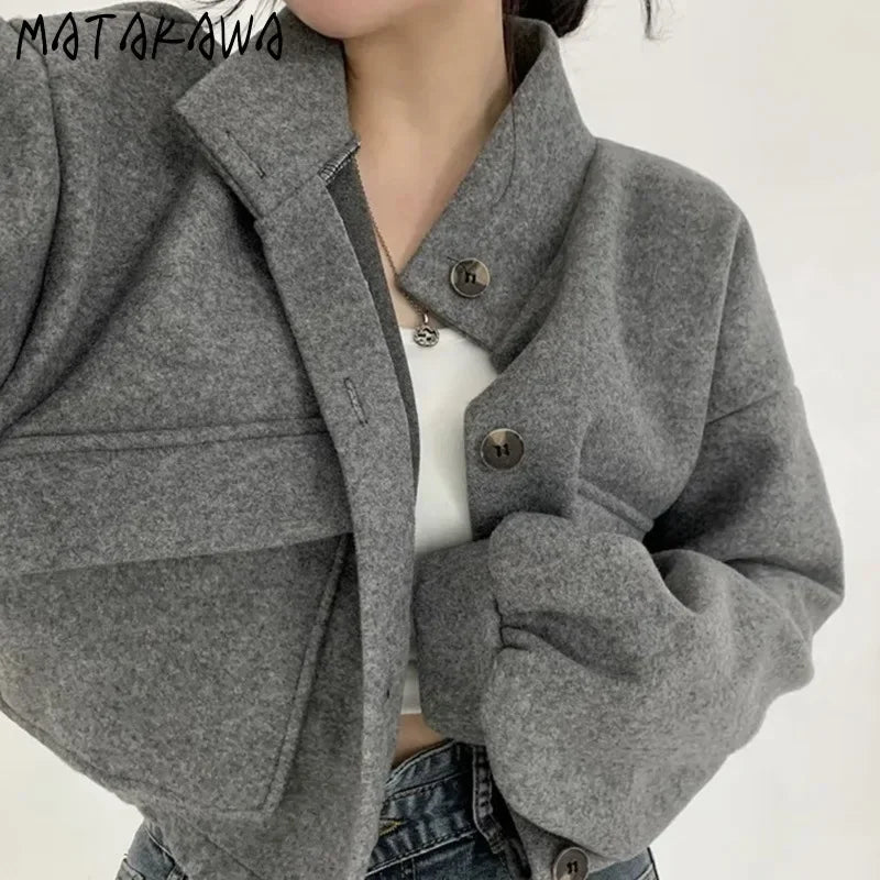 Solid Stand Collar Jacket – Vintage Loose Fit for Fall
