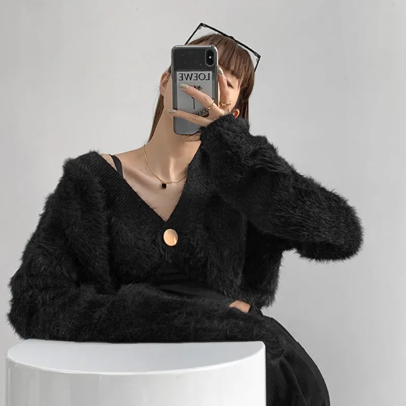Plush Mink Knit Cardigan – Fluffy Cropped V-Neck