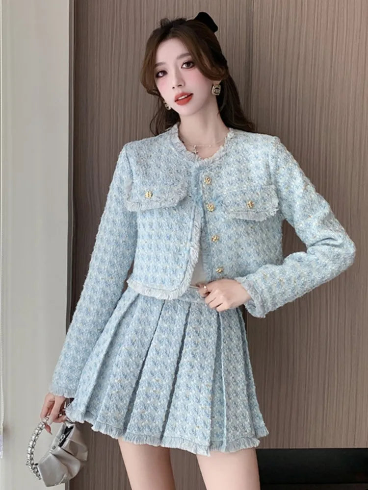 Tweed Jacket Mini Skirt Set – Autumn Winter Tassel Detail