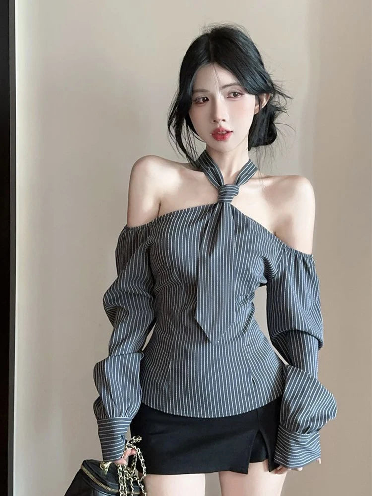 Halter Striped Shirt – Off-Shoulder Lace-Up Top