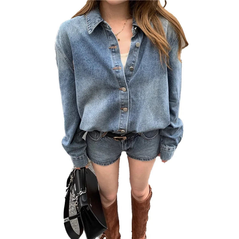 Denim Two-Piece Shorts Set – Long Sleeve Shirt + Mini Shorts