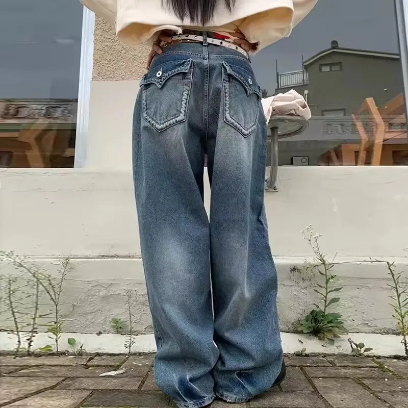 Retro Back Pocket High Waist Denim Pants – Casual Loose Fit