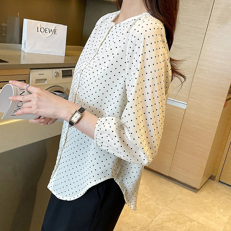 Polka Dot Chiffon Shirt – Loose O-Neck Office Blouse