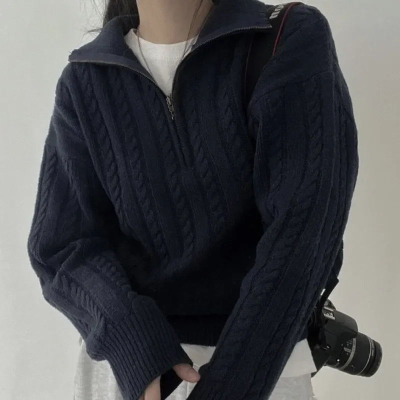 Half Zipper Sweater – Loose Casual Knit Pullover
