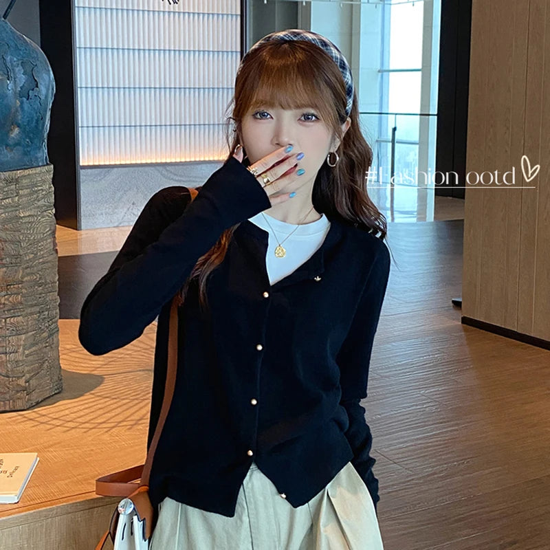 Black Pearl Button Knit Cardigan – Elegant & Chic