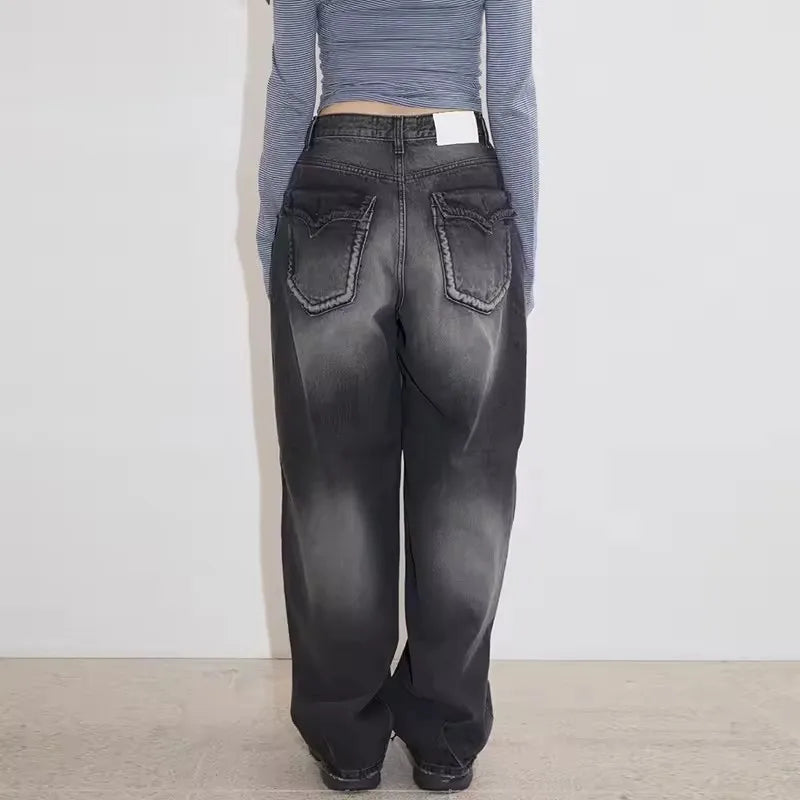 Retro Back Pocket High Waist Denim Pants – Casual Loose Fit
