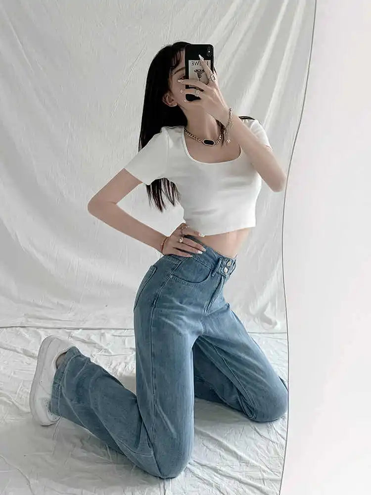 Blue Ice Silk Jeans – Thin Loose Wide Leg High Waist Denim