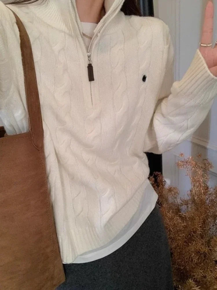 Vintage Knitted Pullover – Zipper Solid Sweater