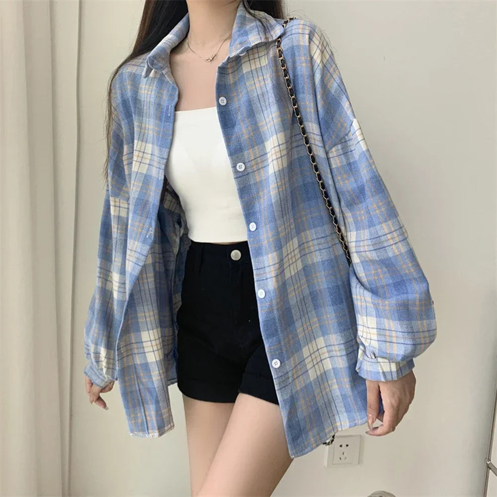 Vintage Plaid Check Shirt – Single Breasted Loose Fit