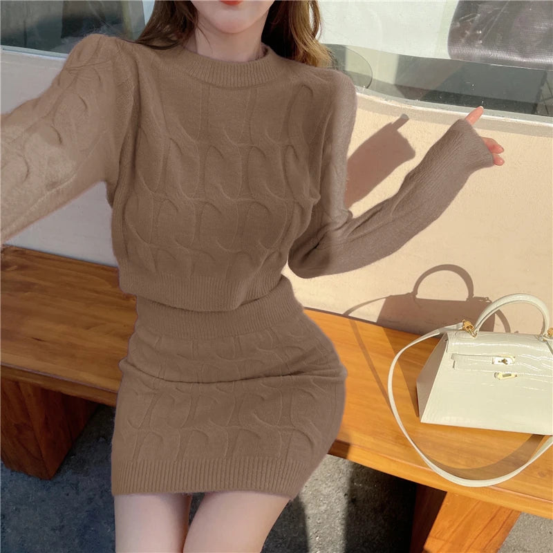 Knitted Two-Piece Set – O Neck Sweater Crop Top + Mini Skirt
