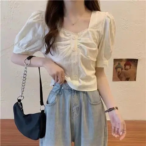 Short Sleeve Design Niche Bubble Blouse – Slim Fit