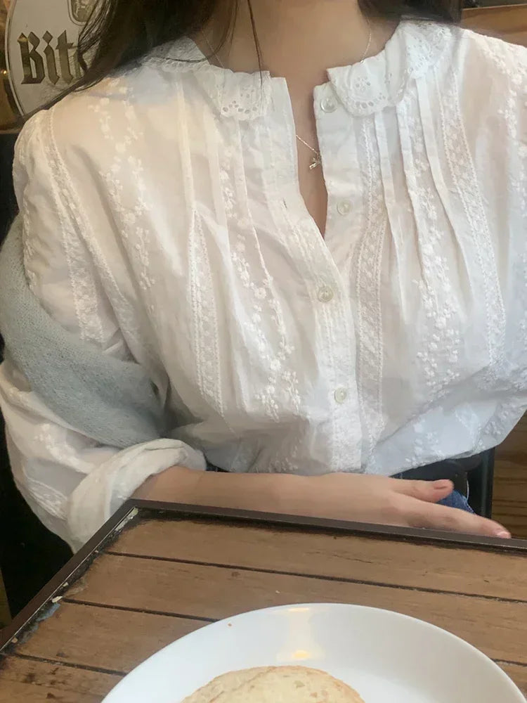 Lace Bubble Sleeve Shirt – Round Neck Spring Top