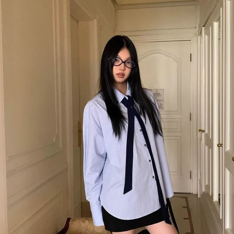 Blue Striped Long Sleeve Letter Embroidery Shirt