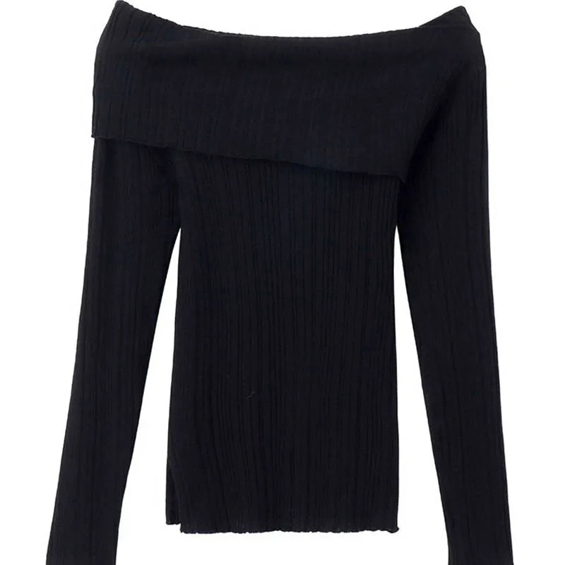Split Irregular Off-Shoulder Top – Black Long Sleeve Sweater