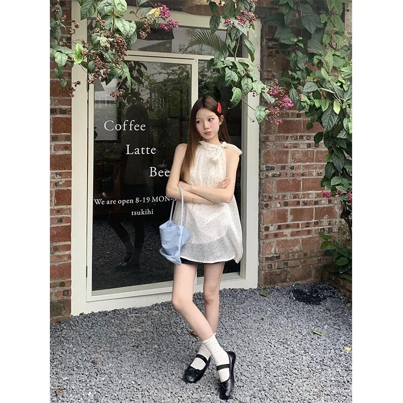 Sweet Dot Bow Blouse – Bandage Halter Top