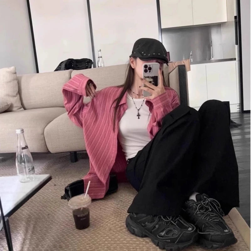 Pink Striped Loose Long Sleeve Blouse – Sun Protection
