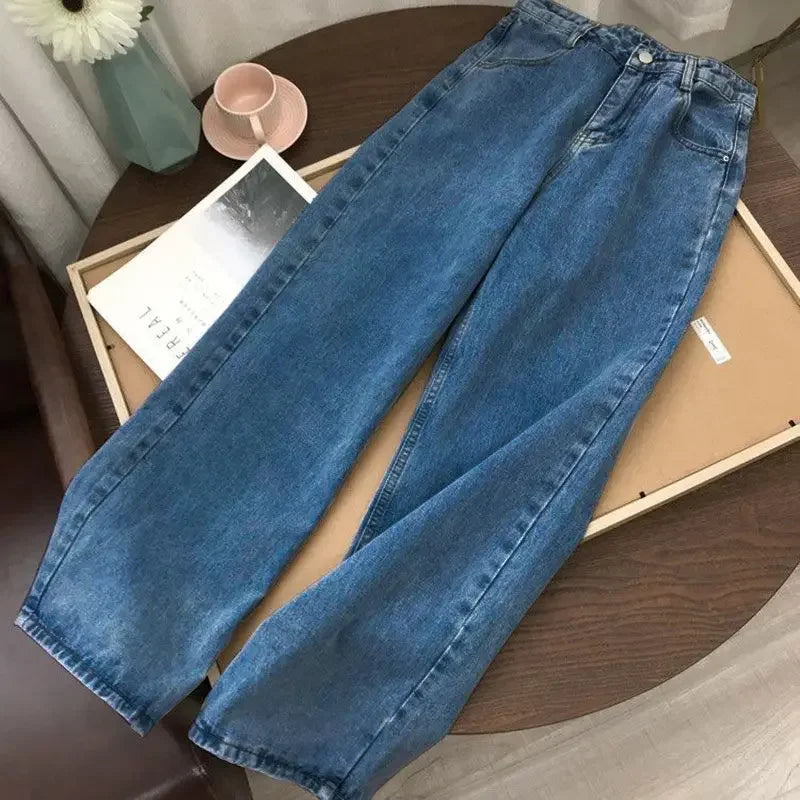 Light Blue Denim Trousers – Vintage Wide Leg Straight Long Pants with Belt