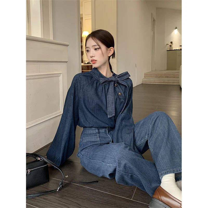 Denim Shirt – Puff Long Sleeve Bandage Blouse