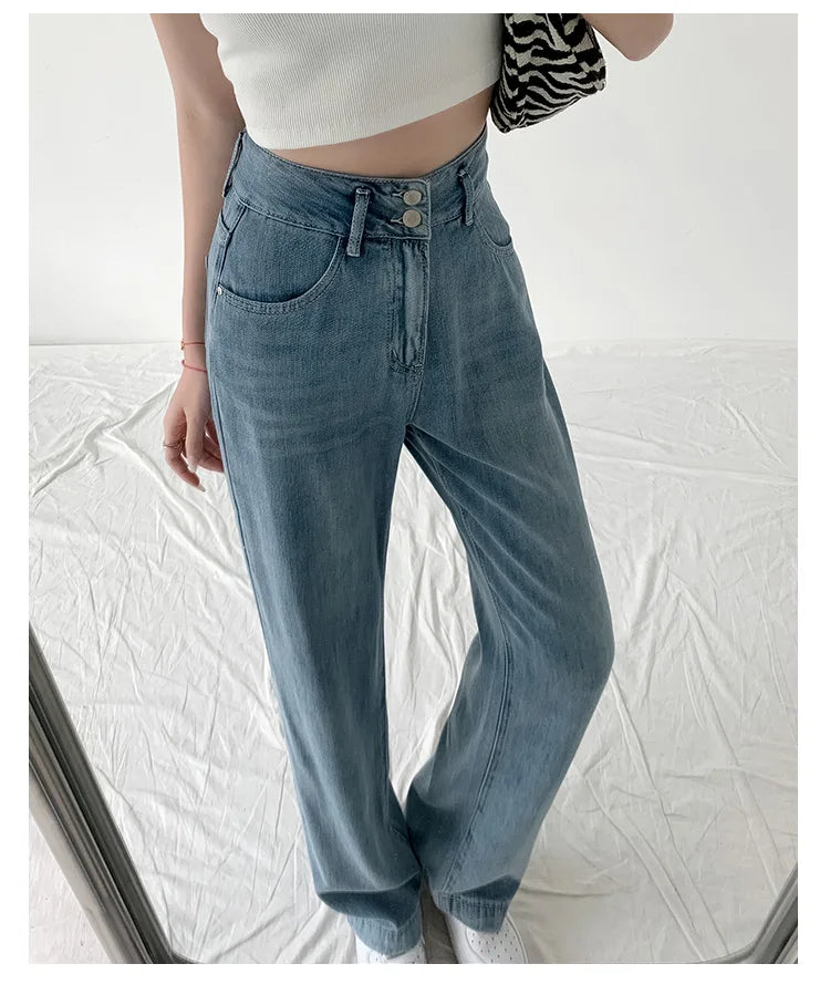 Blue Ice Silk Jeans – Thin Loose Wide Leg High Waist Denim
