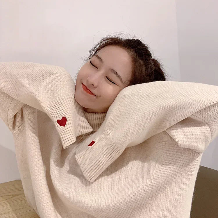Heart Embroidery Turtleneck Sweater – Thick Warm Knit