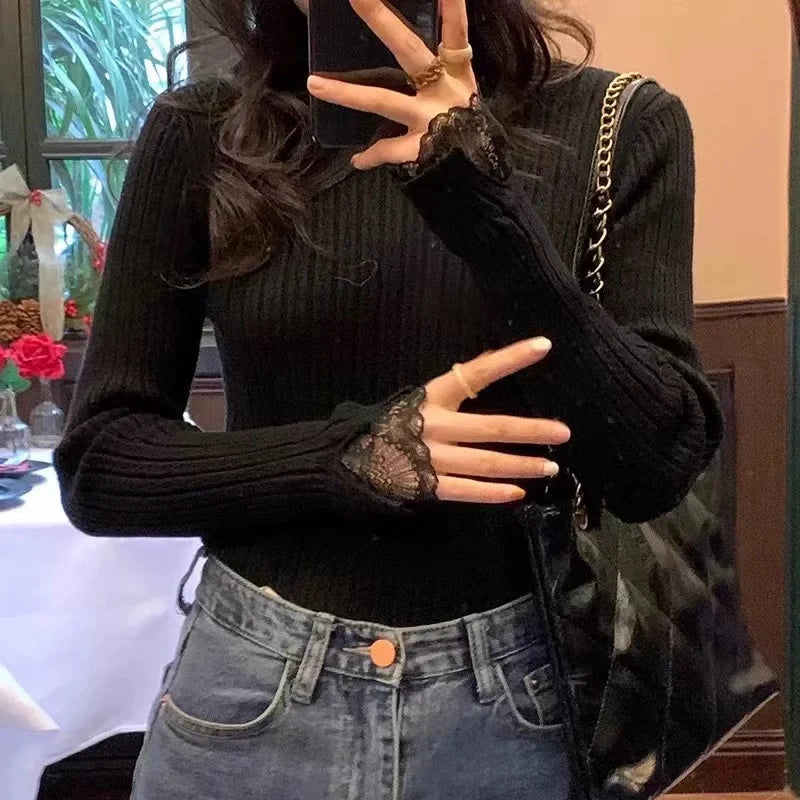 Lace Stitching Half Turtleneck Sweater – Slim Fit Knit Top