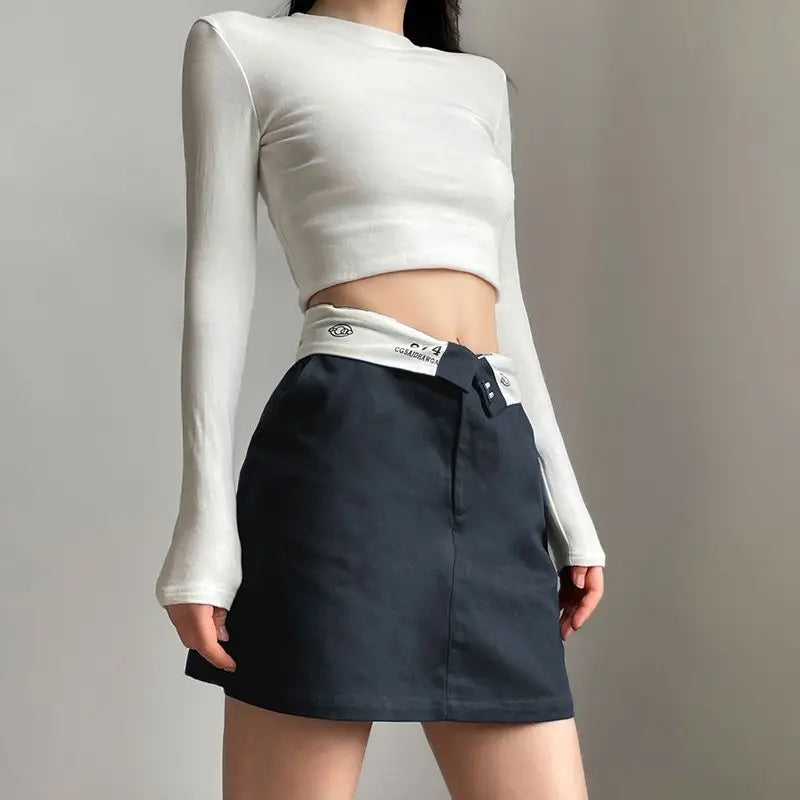 Retro Hip-Hop Skirt – High Waist Lapel Mini Skirt