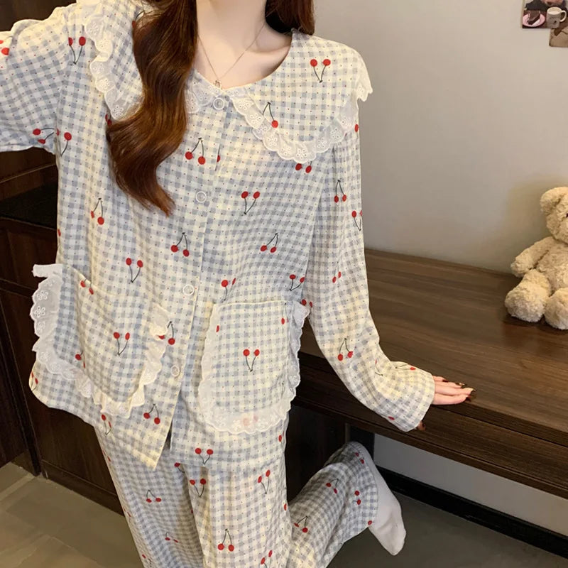 Cute Cherry Pajama Set – Long Sleeve Lapel Top & Pants, Cozy Loungewear