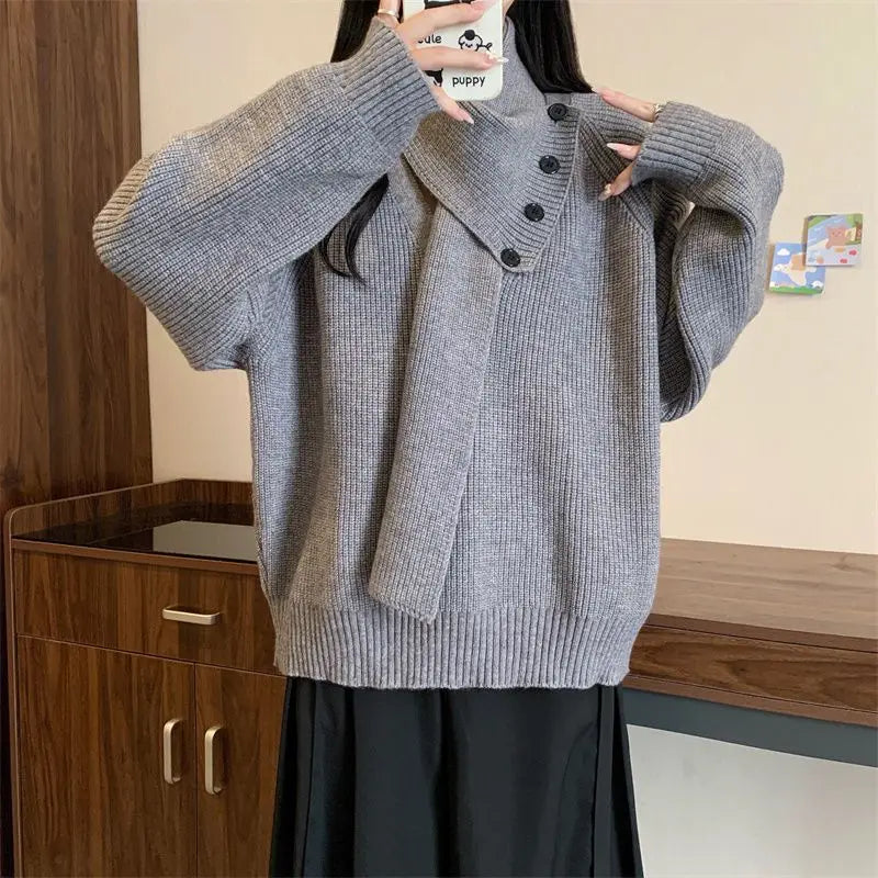 Removable Scarf Knit Sweater – Solid Color, Loose Fit