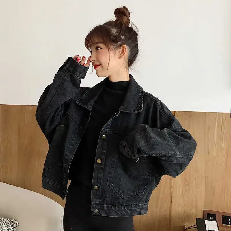 Short Black Denim Jacket – Retro Washed Look